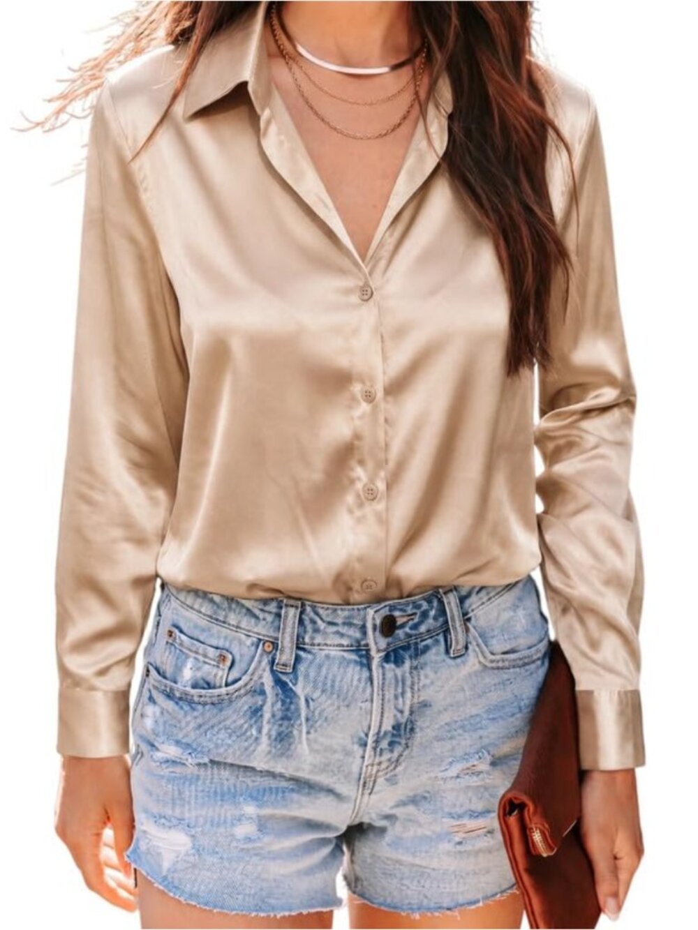 Satin Button Down Shirt Long Sleeve Silky Blouse Office Top